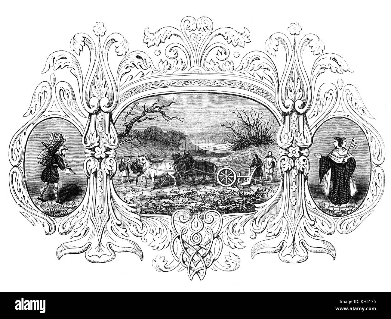 L'anglosassone di invasione dell'Inghilterra ha avuto luogo a partire dalla metà del quinto all'inizio del settimo secolo, dopo la fine della potenza romana in Gran Bretagna intorno all'anno 410. Il " mensile " la vita dei tempi è illustrato in una serie di foto. 1/12: Gennaio aka Wolf-Monat in cui la massa è rotto da un plowman utilizzando quattro buoi. I pannelli laterali illustrano la raccolta del combustibile e i due intitolata Janus che rappresenta il valore letterale e imparato art. Foto Stock