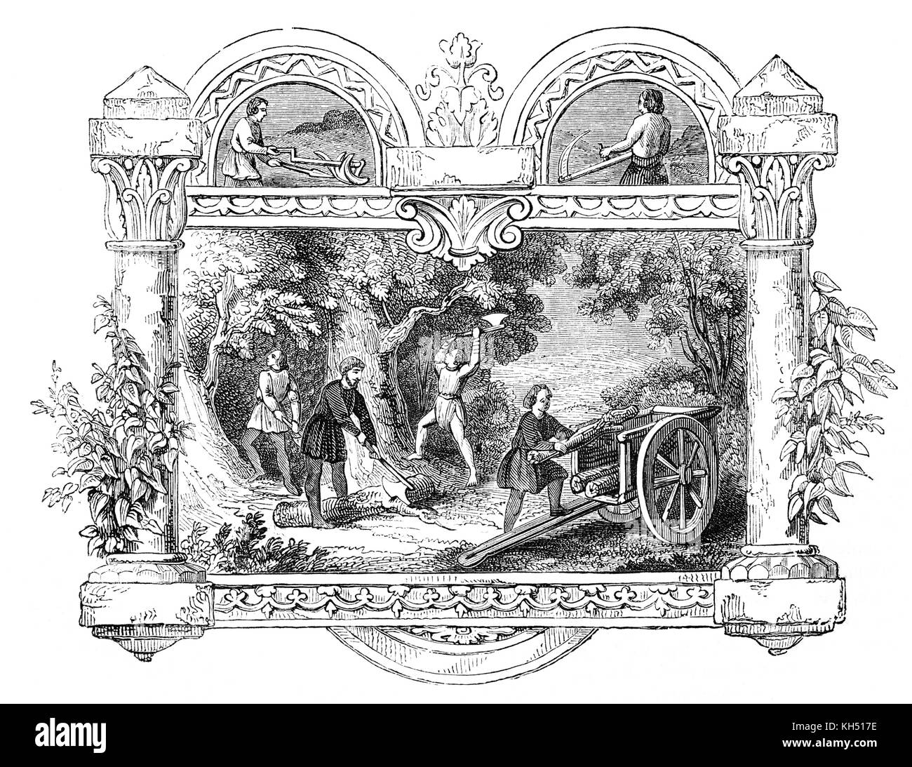 L'anglosassone di invasione dell'Inghilterra ha avuto luogo a partire dalla metà del quinto all'inizio del settimo secolo, dopo la fine della potenza romana in Gran Bretagna intorno all'anno 410. Il " mensile " la vita dei tempi è illustrato in una serie di foto. Il calendario anglosassone 6/12: Giugno aka Weyd-monat: oltre a continuare a mantenere le colture di pieno campo, giugno è stata un opportunità per la raccolta di legno dalla foresta, sia per la costruzione e il calore. Foto Stock
