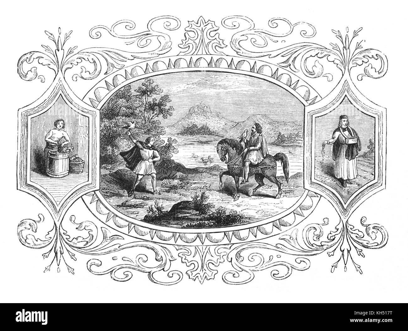 L'anglosassone di invasione dell'Inghilterra ha avuto luogo a partire dalla metà del quinto all'inizio del settimo secolo, dopo la fine della potenza romana in Gran Bretagna intorno all'anno 410. Il " mensile " la vita dei tempi è illustrato in una serie di foto. Il calendario anglosassone 10/12: Ottobre aka Wyn-monat o di vino al mese: il sud dell'Inghilterra era abbastanza caldo per piccoli vigneti e il lato illustrazioni mostrano un pressore di uva preparare il processo di vinificazione. Mentre nella fattoria in autunno la semina delle sementi ha avuto luogo nei campi. Nel frattempo, i nobili e i falconieri catturati aironi e anatre selvatiche. Foto Stock