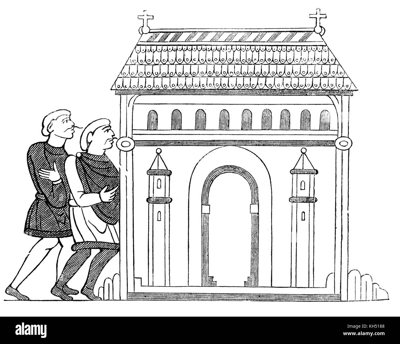 In 850, il villaggio originale chiesa fu costruita sul sito della basilica romana e nel decimo secolo è stata sostituita con la Chiesa della Santa Trinità, situato accanto a Bosham Quay, vicino a Chichester, Sussex, Inghilterra. Re Canuto aveva un palazzo nel villaggio, e la leggenda narra che Bosham era il luogo in cui egli ha comandato le onde a "tornare", in modo da dimostrare al suo eccessivamente deferente cortigiani i limiti di un re i poteri. (Dall'Arazzo di Bayeux) Foto Stock In 850, il villaggio originale chiesa fu costruita sul sito della basilica romana e nel decimo secolo è stata sostituita con la Chiesa della Santa Trinità, situato accanto a Bosham Quay, vicino a Chichester, Sussex, Inghilterra. Re Canuto aveva un palazzo nel villaggio, e la leggenda narra che Bosham era il luogo in cui egli ha comandato le onde a "tornare", in modo da dimostrare al suo eccessivamente deferente cortigiani i limiti di un re i poteri. (Dall'Arazzo di Bayeux) Foto Stock