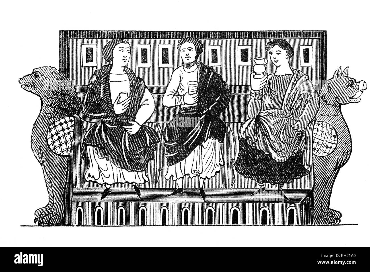 Anglo-Saxon nobile e donne bere su un riccamente ornati sede nel VIII secolo in Inghilterra. Foto Stock