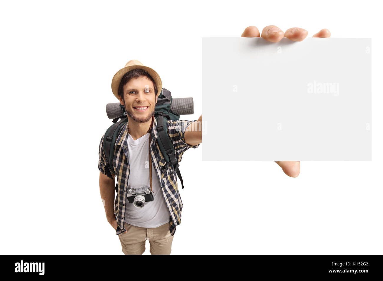 Tourist mostra una scheda vuota isolata su sfondo bianco Foto Stock