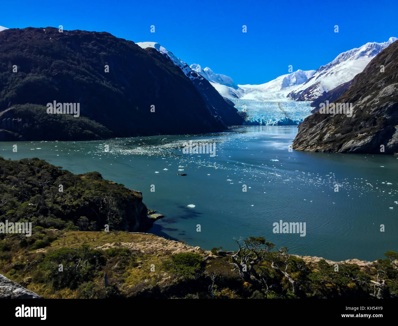 Le viste verso il ghiacciaio Garibaldi nei pressi del Canale di Beagle nei fiordi del Cile Foto Stock