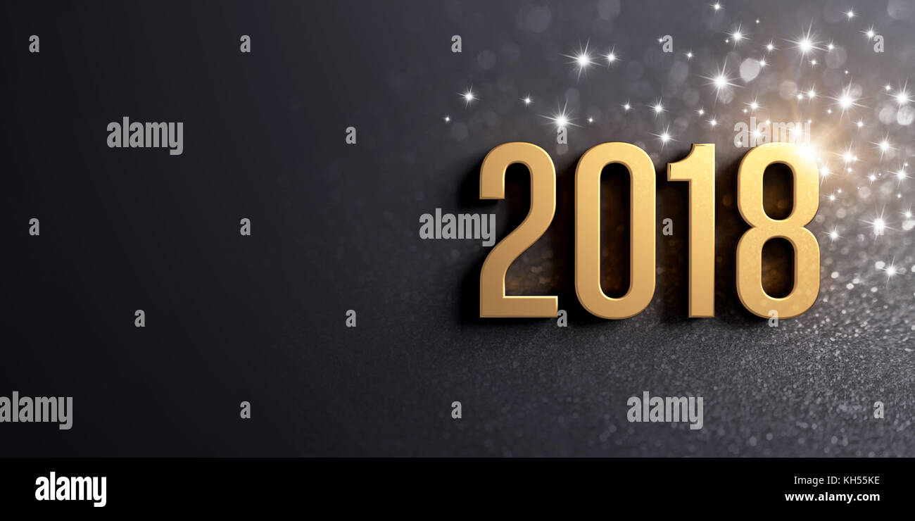 Nuova data dell'anno 2018 colorati in oro, su una festosa sfondo nero con brillantini e stelle - 3d illustrazione Foto Stock