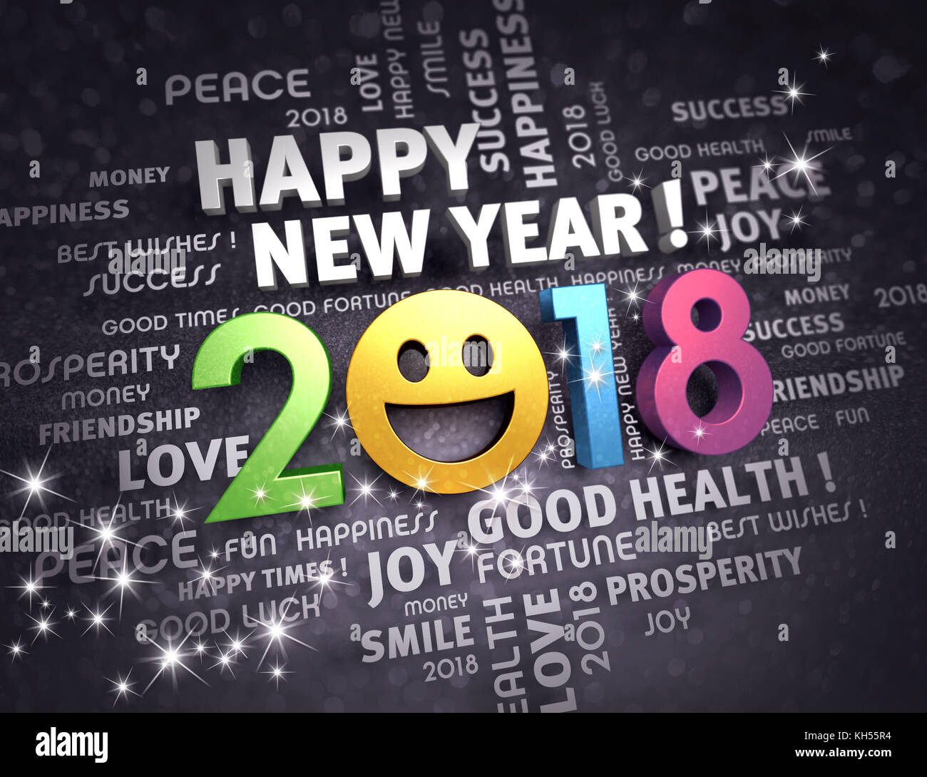 Felice anno nuovo 2018 data con una faccia sorridente e parole di saluto, su una scintillante sfondo nero - 3d illustrazione Foto Stock