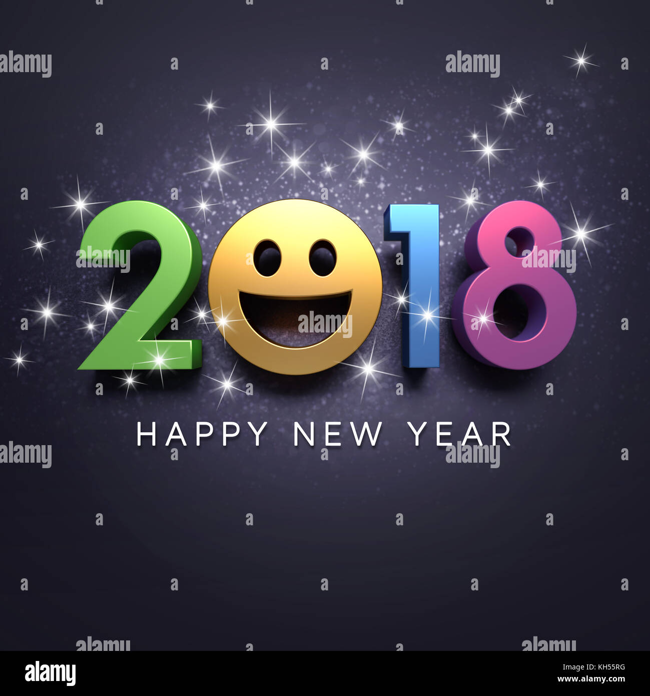 Felice anno nuovo 2018 data con una faccia sorridente e saluti, su una festosa sfondo nero - 3d illustrazione Foto Stock