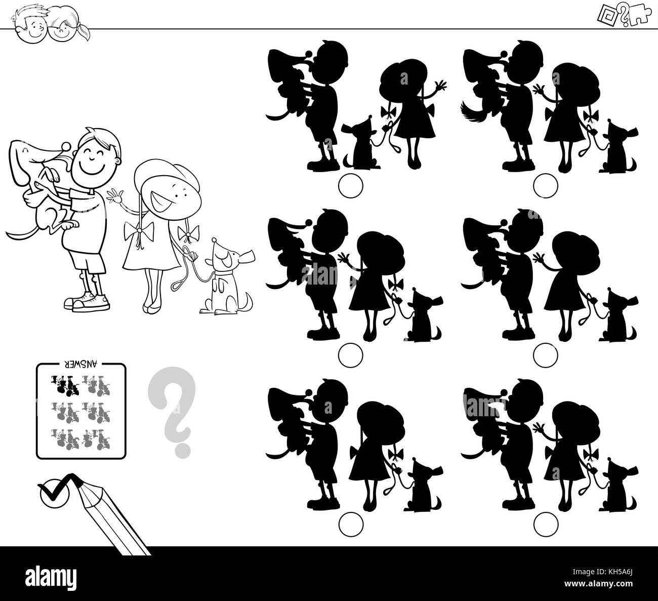 Bianco e nero cartoon illustrazione di trovare l'ombra senza differenze di attività educative per i bambini con i bambini e cani caratteri Illustrazione Vettoriale