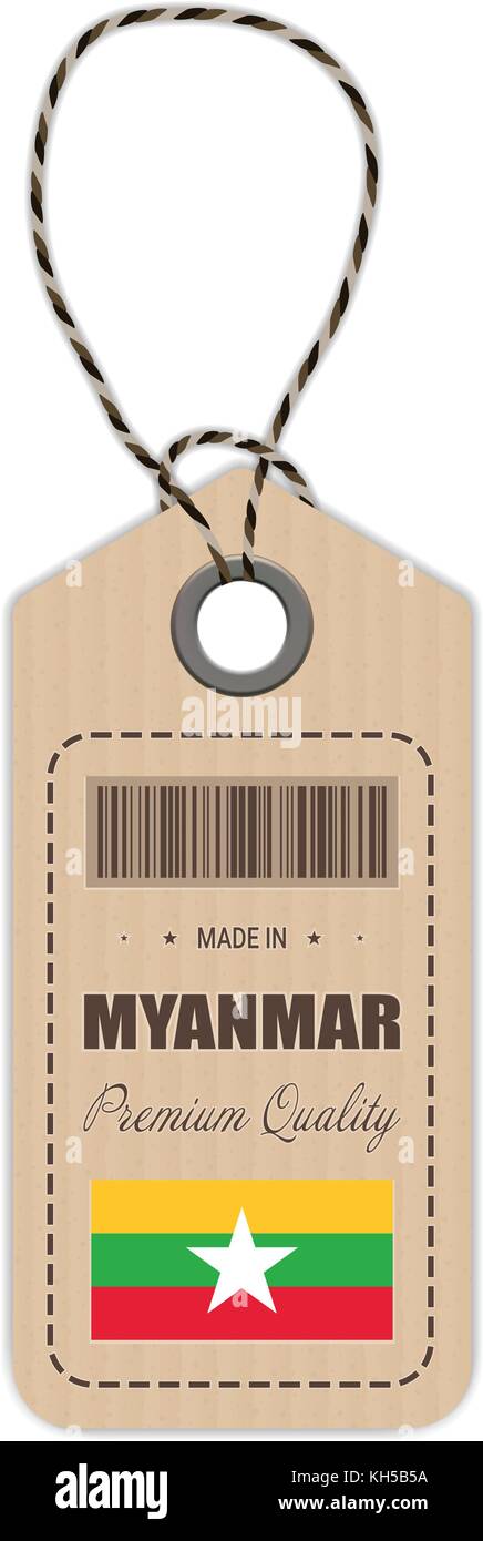 Hang tag made in Myanmar con icona bandiera isolata su uno sfondo bianco. illustrazione vettoriale. Illustrazione Vettoriale