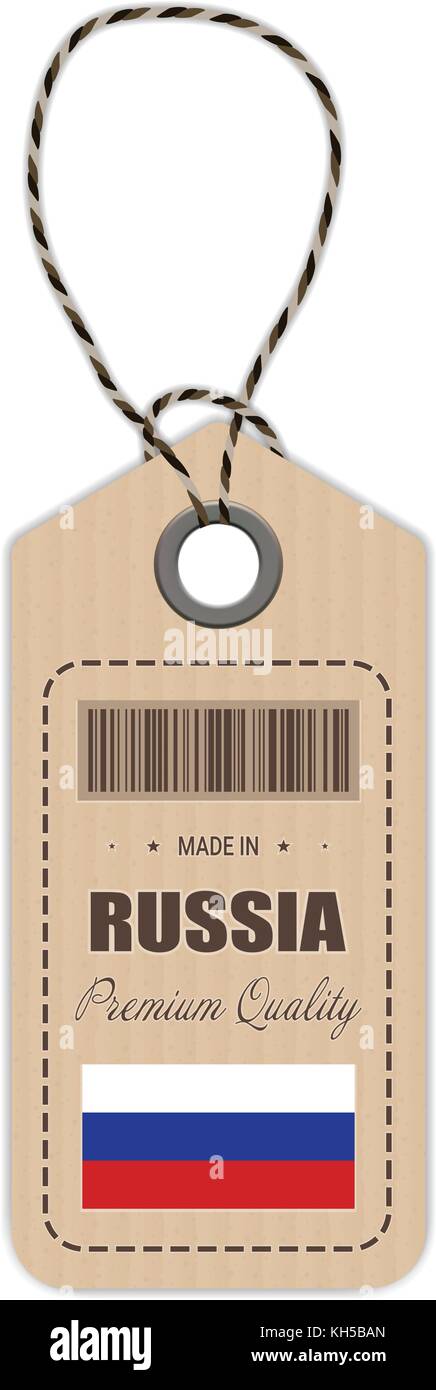 Hang tag realizzata in Russia con icona bandiera isolata su uno sfondo bianco. illustrazione vettoriale. Illustrazione Vettoriale