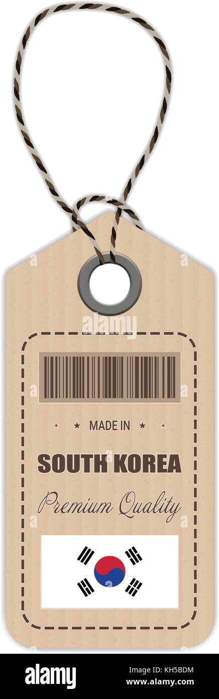 Hang tag made in Corea del Sud con icona bandiera isolata su uno sfondo bianco. illustrazione vettoriale. Illustrazione Vettoriale