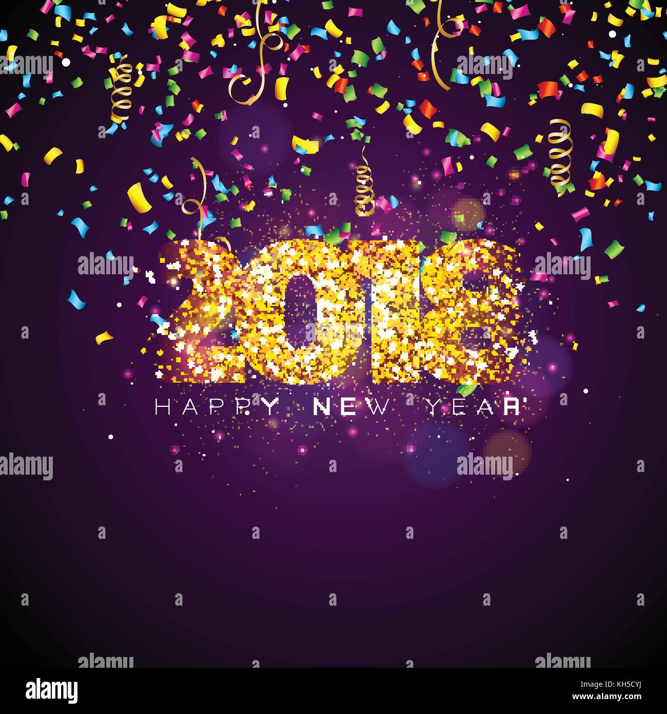 Vector felice anno nuovo 2018 illustrazione sulla illuminazione lucido con sfondo colorato e confetti tipografia design. Illustrazione Vettoriale