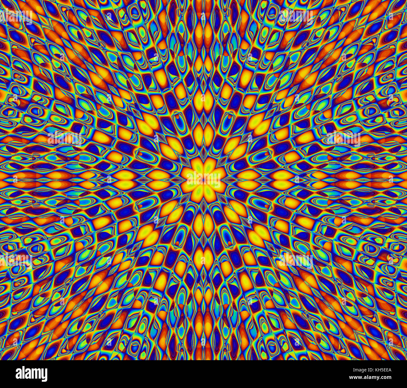 Simmetrici in verde brillante, giallo, rosso Mosaico pattern che si discostano dal centro in forma di molti stella o fiore Foto Stock