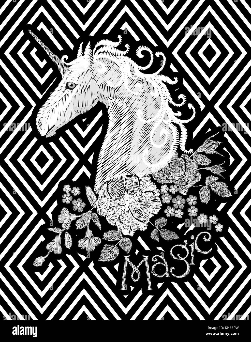 Ricamo bianco motivo floreale con rose canine e non ti scordar di me fiori. unicorn fantasy favola di vettore di sogno folk tradizionale ornamento di moda nero su sfondo a strisce Illustrazione Vettoriale
