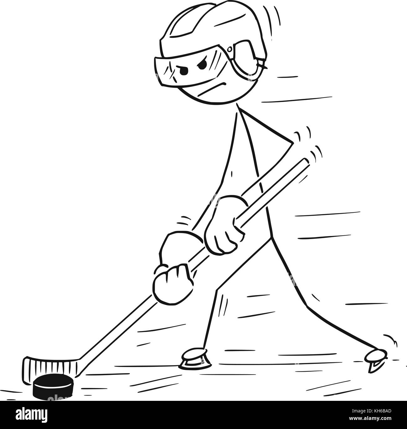 Cartoon stick uomo disegno illustrazione di hockey su ghiaccio giocatore puck di movimentazione ed il pattinaggio in avanti. Illustrazione Vettoriale