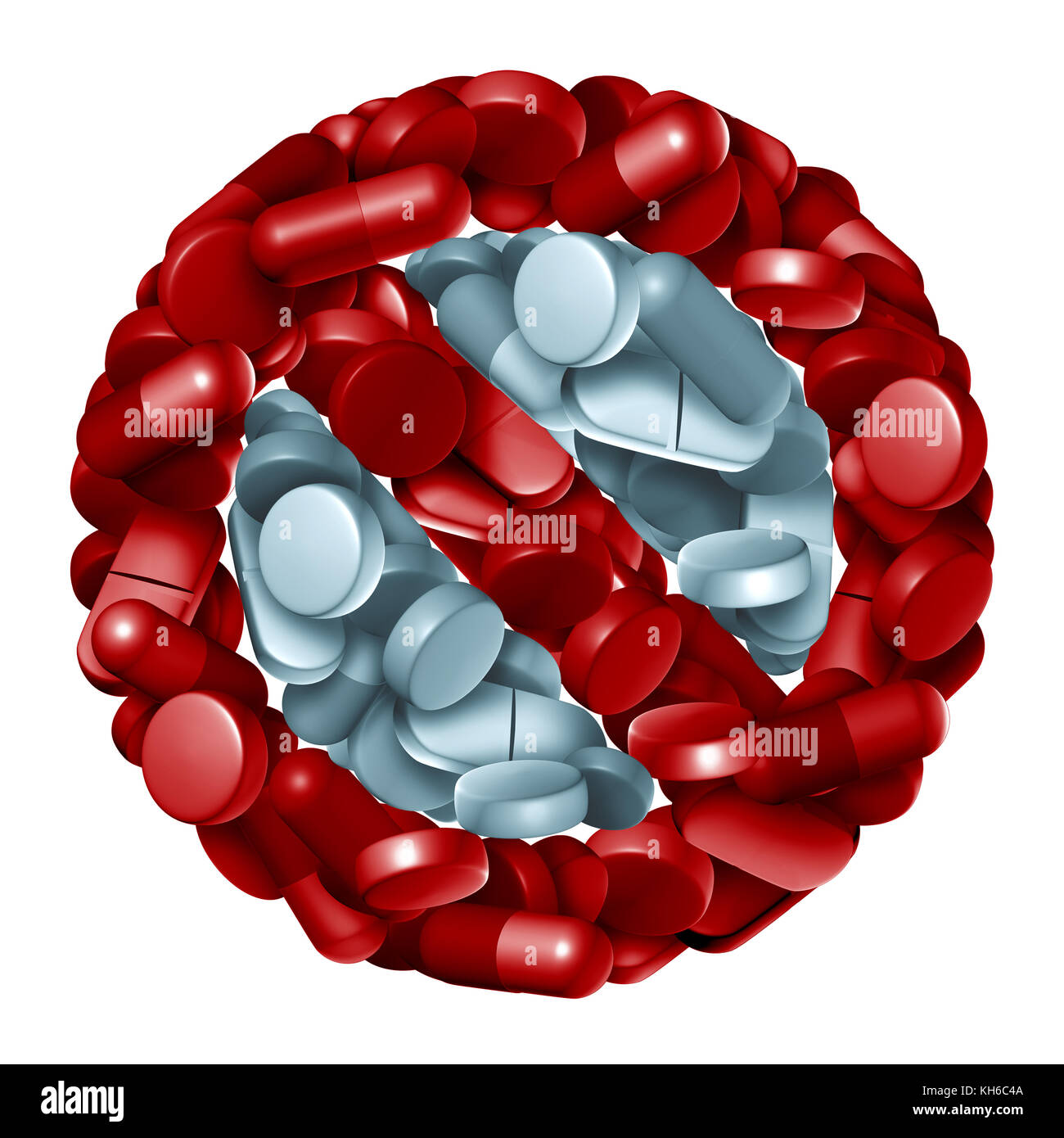 Prescrizione farmaci vietare e fermare simbolo di medicina come simbolo di stop fatto di pillole e capsule di compresse divieto di farmaci come rendering 3D. Foto Stock