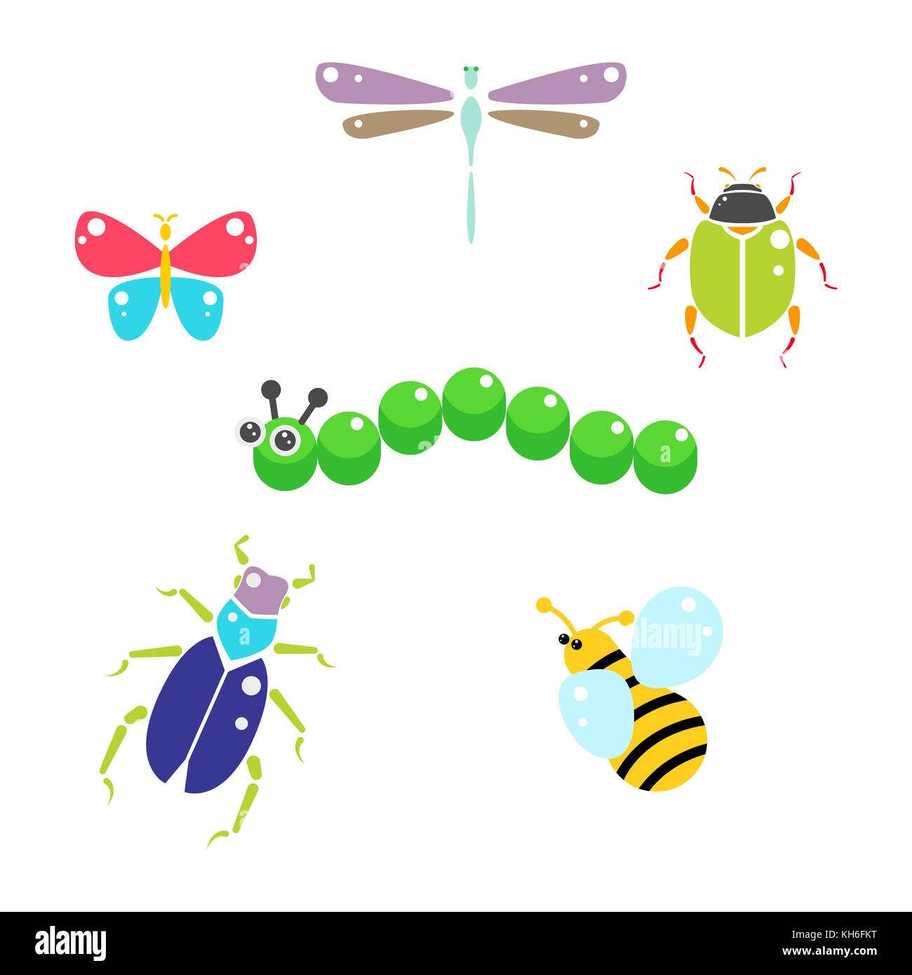 Cartoon insetti vettore colorati impostato su bianco. Illustrazione Vettoriale