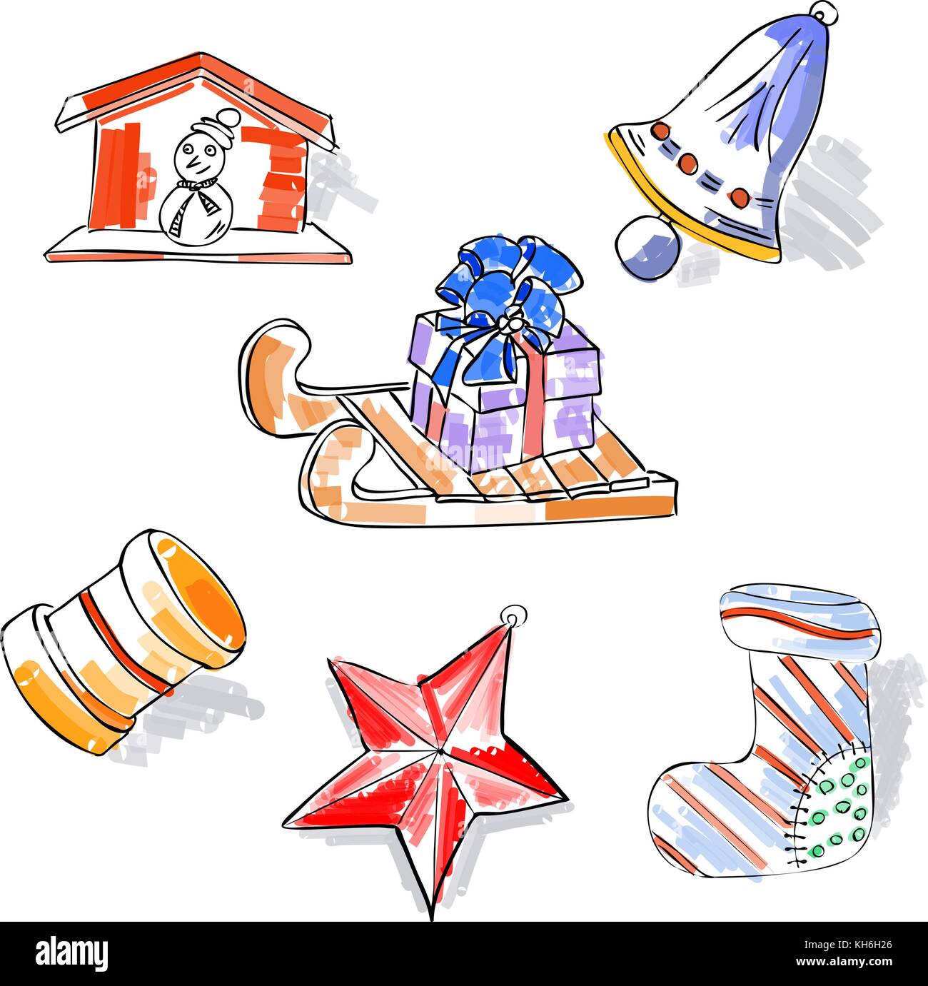 Natale schizzo retrò elementi scarabocchi sled star snowman dono giocattoli bell boot . disegnati a mano vintage design Illustrazione Vettoriale