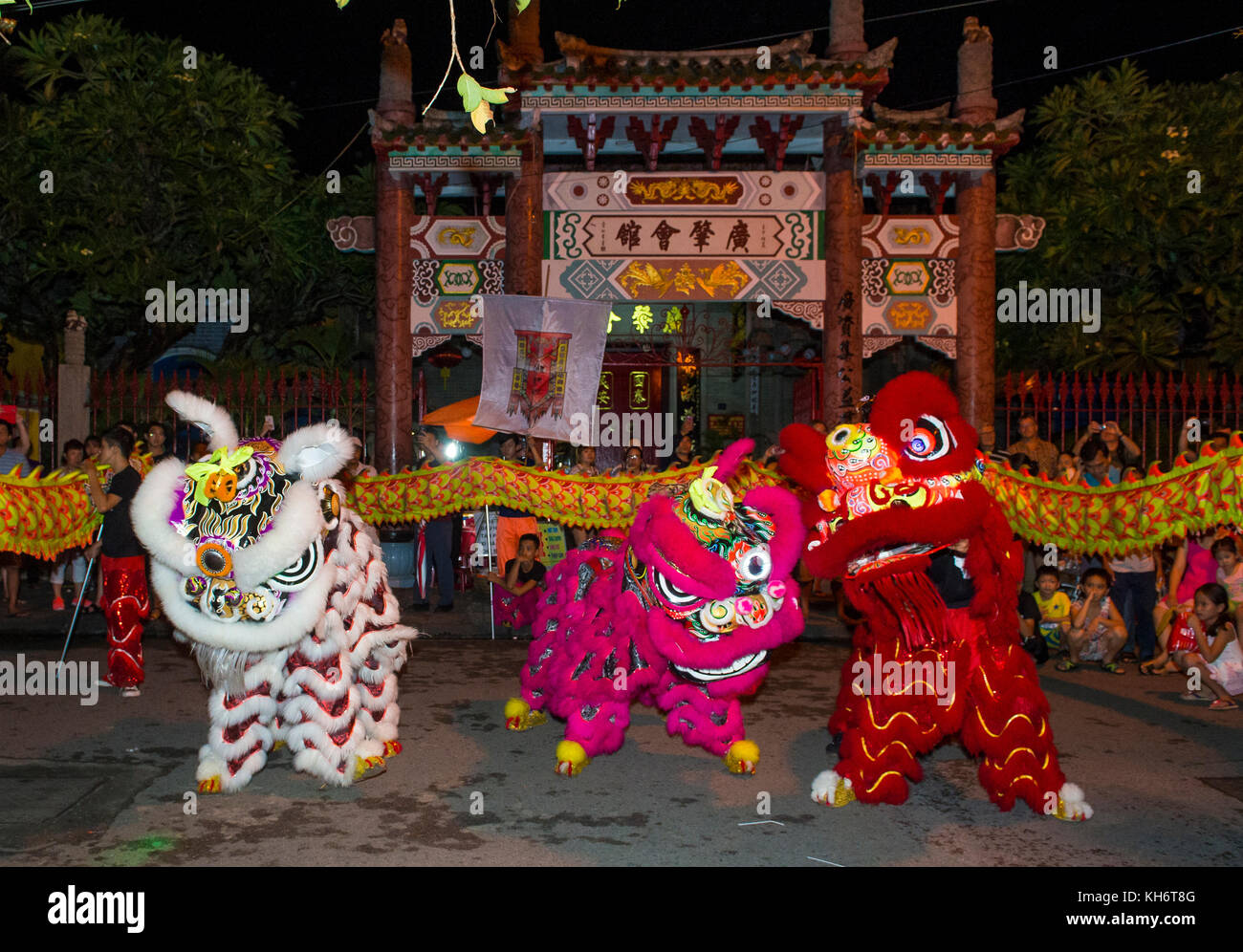 I partecipanti in una danza leone durante la metà autunno festiaval in Hoi An ,Vietnam Foto Stock