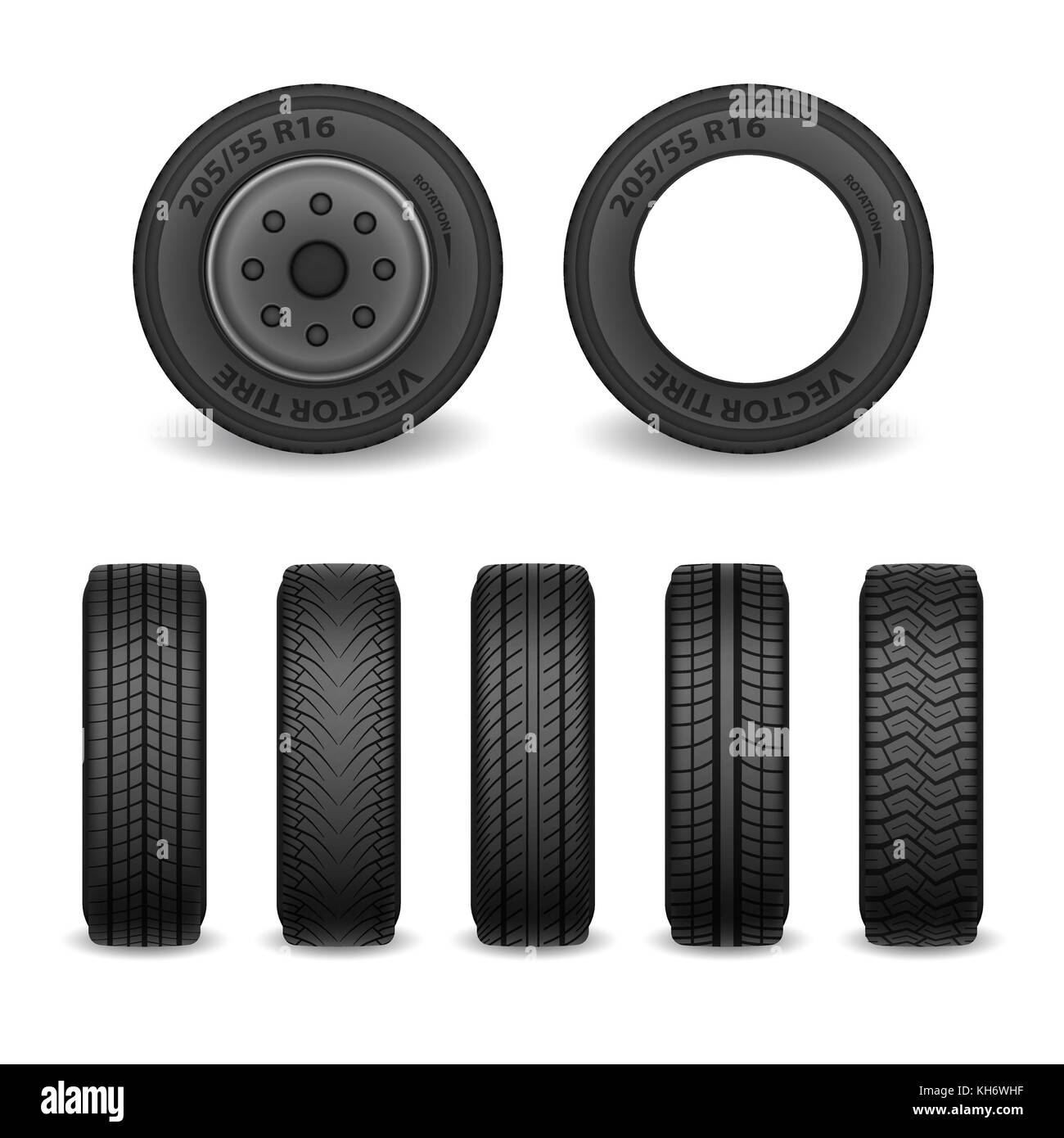 Vettore realistica serie di pneumatici. auto pneumatici con battistrada di diversi marchi. vettore icone ruota Illustrazione Vettoriale