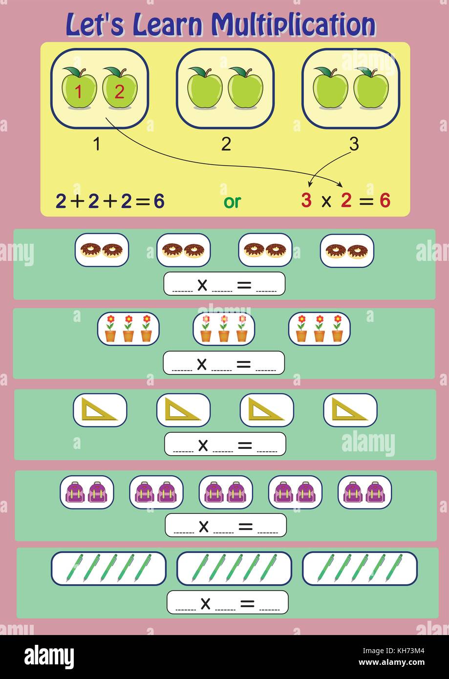 Impariamo la moltiplicazione, attività matematica, foglio di lavoro per la moltiplicazione per studenti Illustrazione Vettoriale