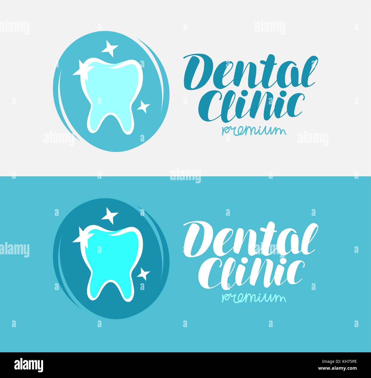 Dental Clinic, dente logo o etichetta. in odontostomatologia, odontoiatria, il trattamento della carie simbolo. lettering illustrazione vettoriale Illustrazione Vettoriale