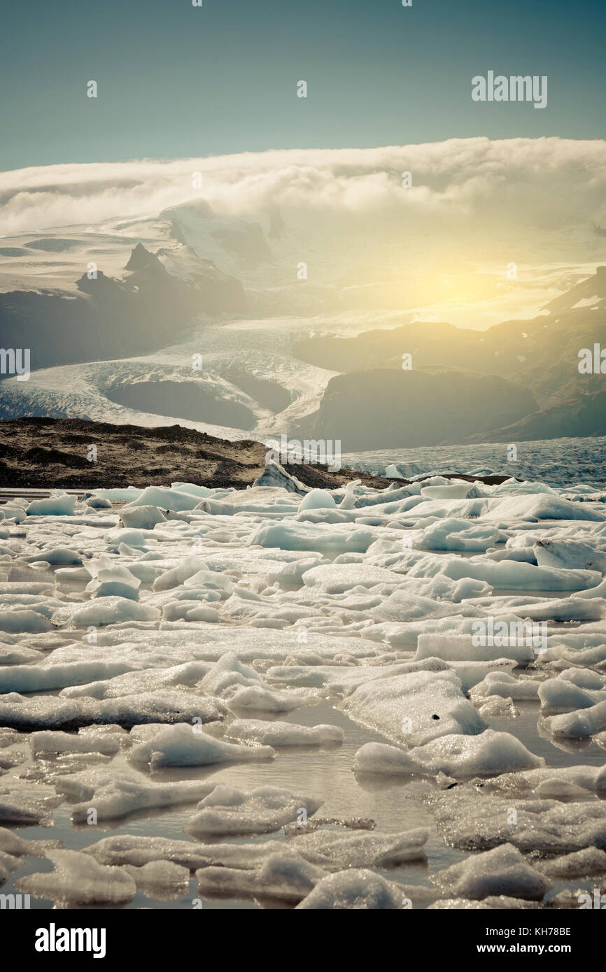 Jokulsarlon laguna del ghiacciaio Vatnajokull nel parco nazionale, Islanda. verticale shot filtrato Foto Stock