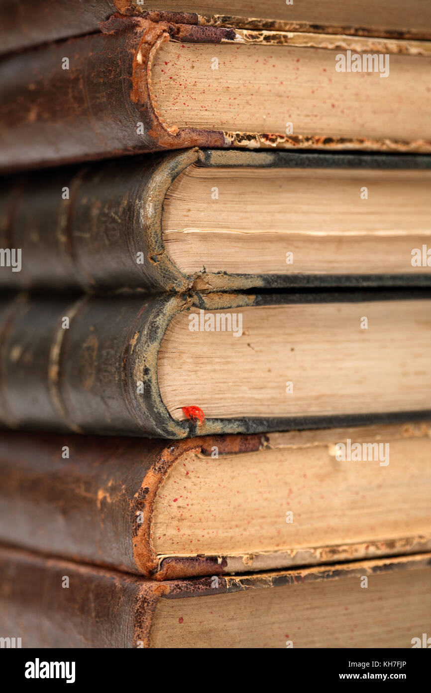 Sfondo costituito dalla pila di molto vecchi libri. extreme closeup Foto Stock