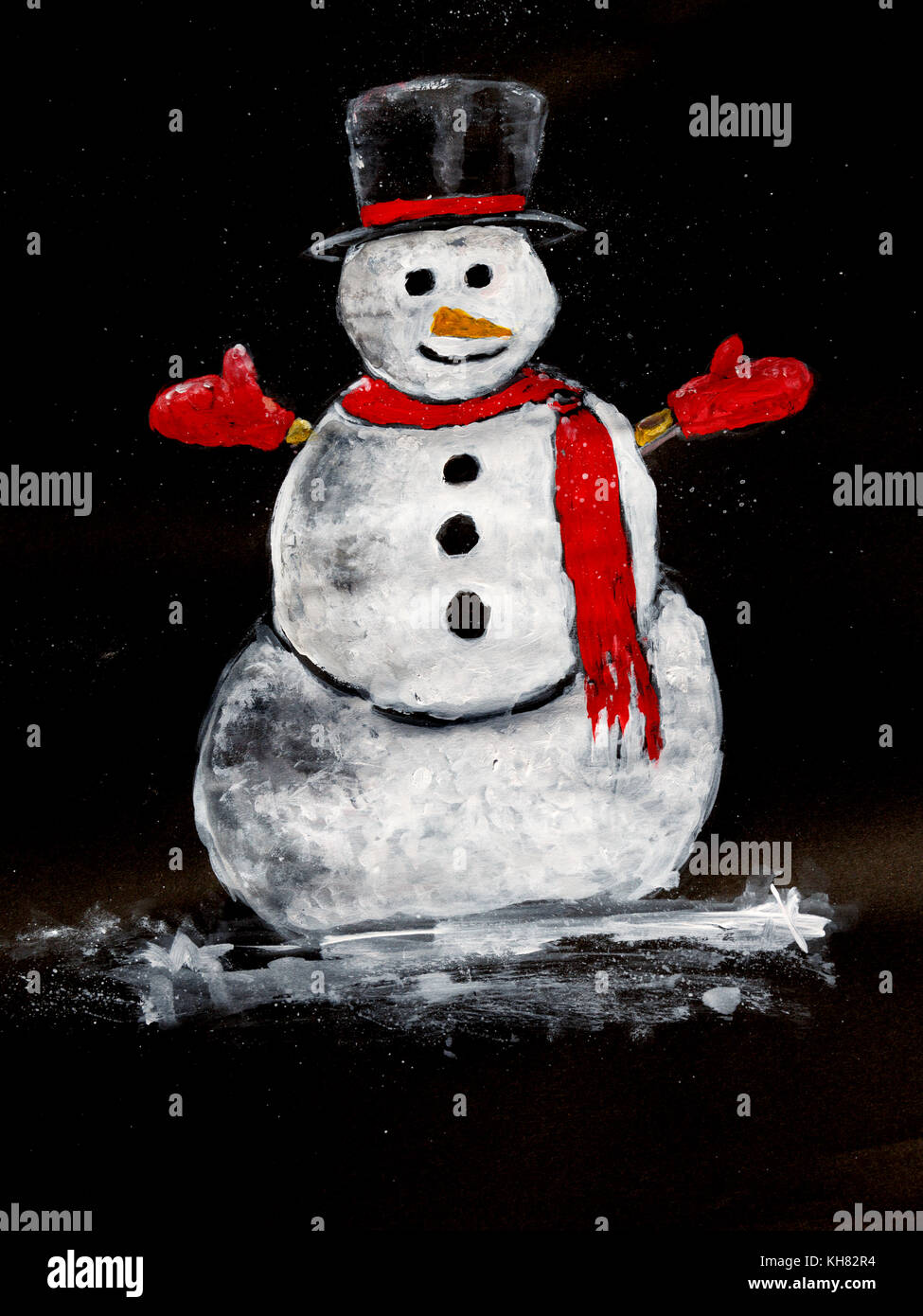 Pupazzo di neve sorridente con top hat su sfondo nero e luce neve caduta. - Acrilico e Acquerello originale Foto Stock Pupazzo di neve sorridente con top hat su sfondo nero e luce neve caduta. - Acrilico e Acquerello originale Foto Stock