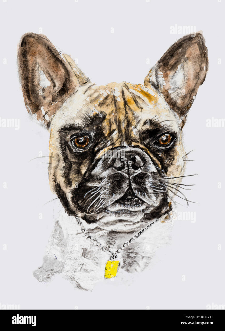 Bulldog francese ritratto dipinto con una catena di metallo bianco e giallo tag name su sfondo grigio chiaro - stile acquarello dipinto Foto Stock Bulldog francese ritratto dipinto con una catena di metallo bianco e giallo tag name su sfondo grigio chiaro - stile acquarello dipinto Foto Stock