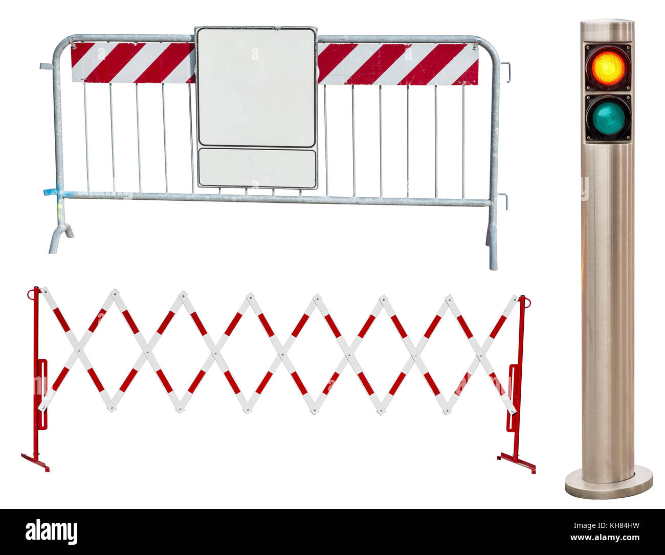 Serie di barriere stradali e semafori Foto Stock