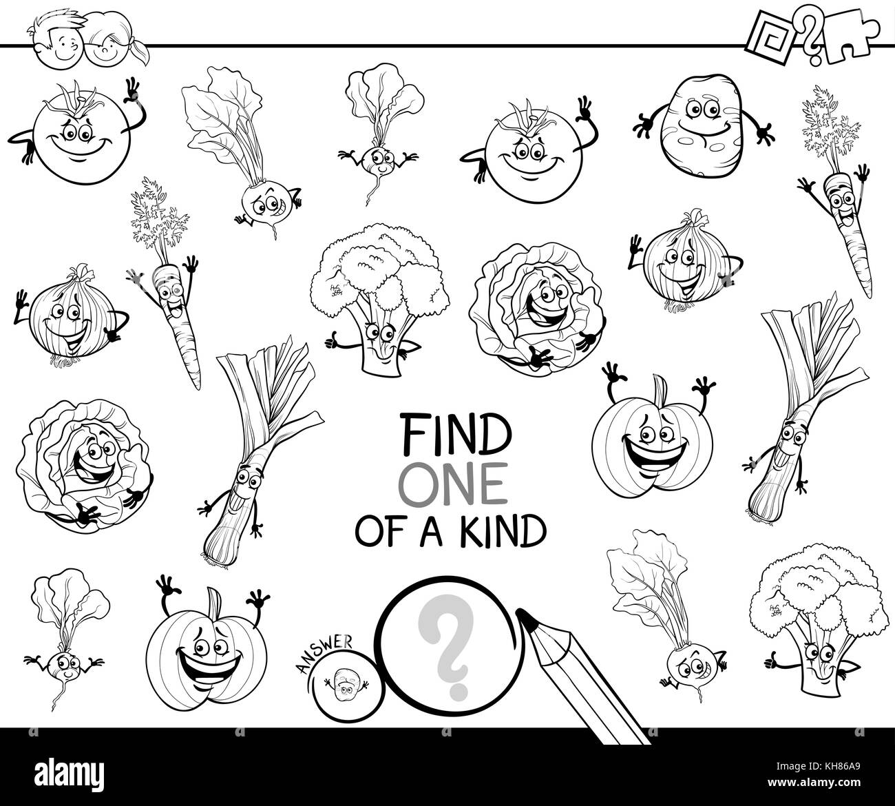 Bianco e nero cartoon illustrazione di trovare un tipo di attività educativa gioco per bambini con verdure caratteri comico libro da colorare Illustrazione Vettoriale