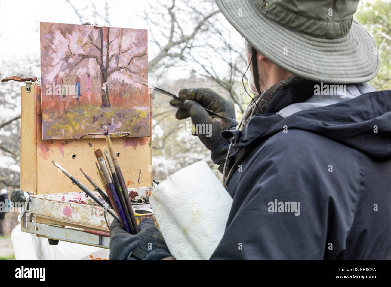 Pittore al high park durante la fioritura dei ciliegi tempo, Toronto, Ontario, Canada. Foto Stock