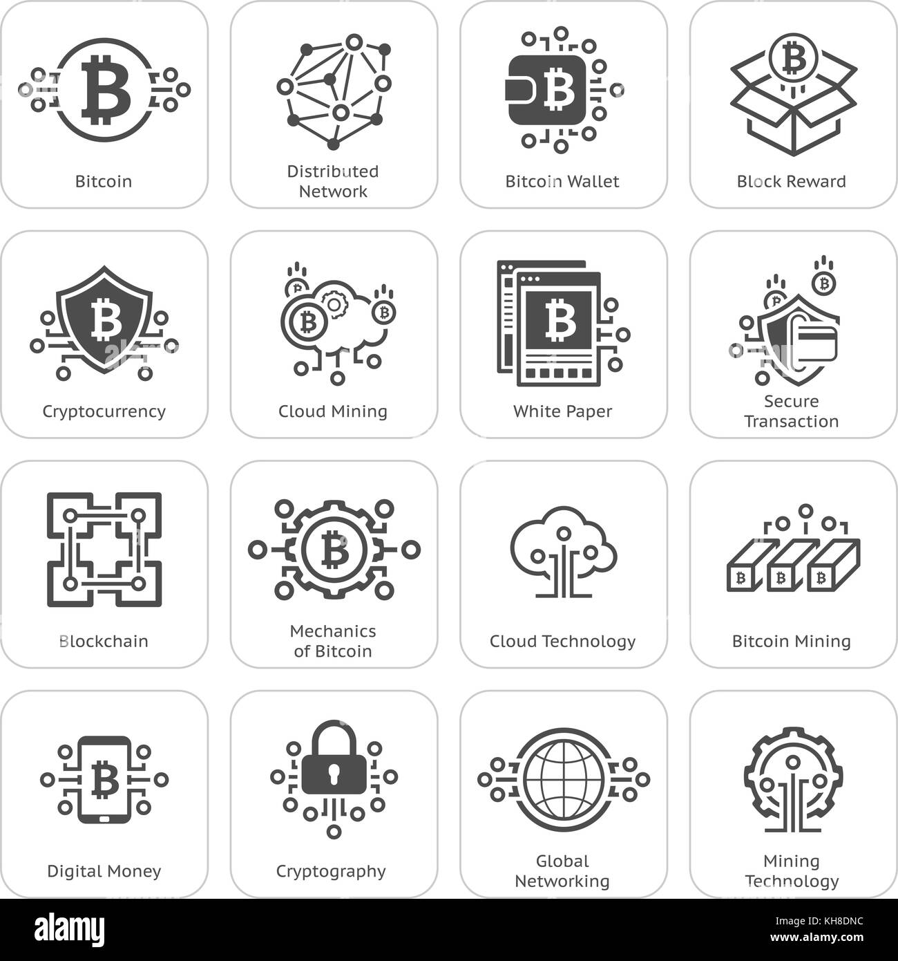 Bitcoin e Blockchain Cryptocurrency icone. Illustrazione Vettoriale