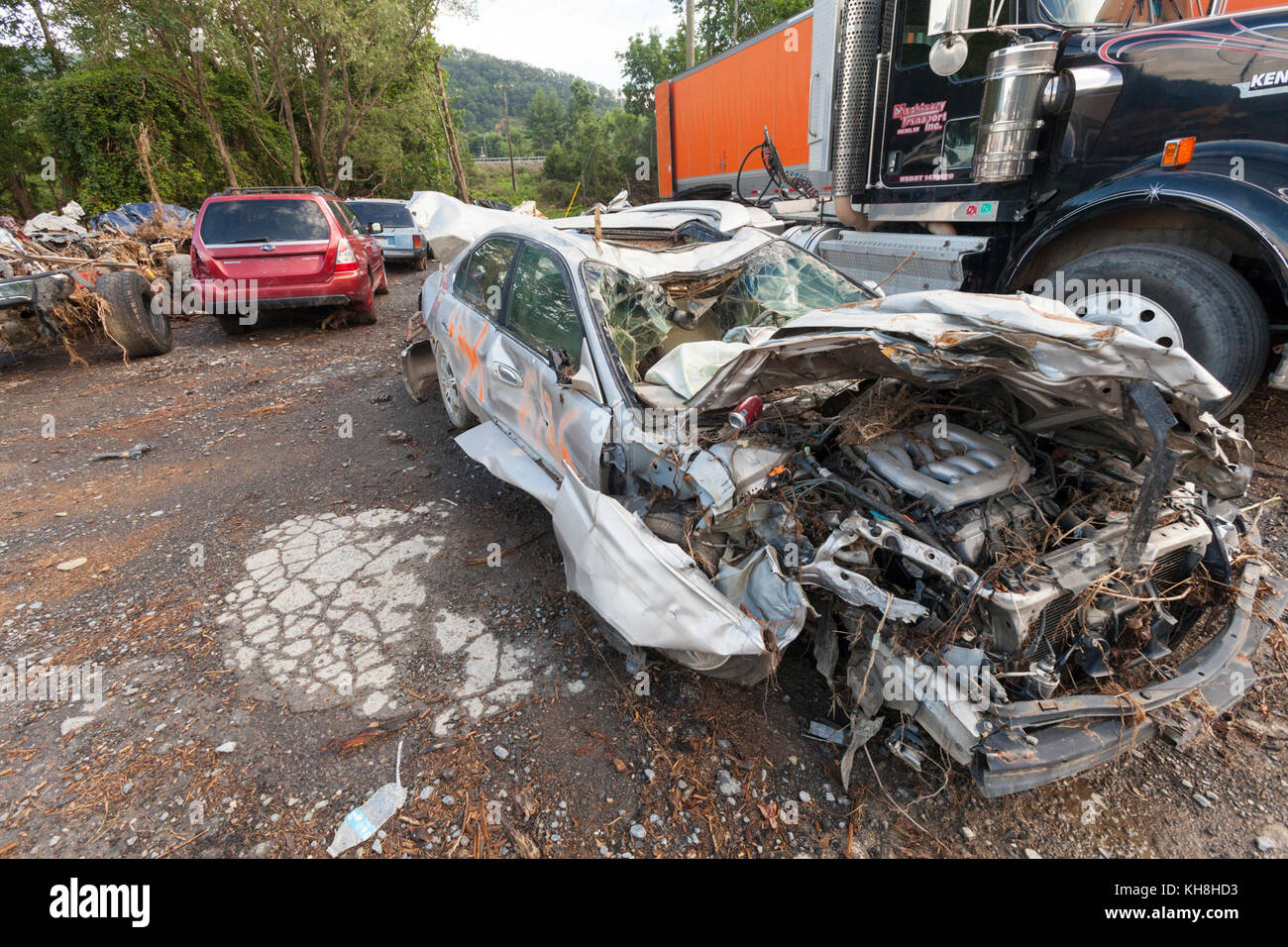 Recenti alluvioni ad ampia diffusione sono la causa di un aumento delle applicazioni per gli Stati Uniti Department of Agriculture (USDA) Food and Nutrition Service (FNS) Disaster - Supplemental Nutrition Assistance Program (D-SNAP) benefici, vicino a Lewisburg, WV, il 28 luglio 2016. I ruscelli sorsero sopra le sue rive e lavarono via auto e camion, lasciando relitti metallici attorcigliati e manglati. Dove c'era spazio, gli equipaggi li portarono ai punti di raccolta per poi essere rimossi. Le case sommerse sono state lasciate libere dopo i tentativi di mostrare di rimuovere fango, limo e detriti. USDA Foto di Steve Ausmus. Foto Stock