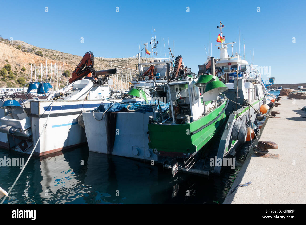 Dettagli delle barche da pesca nel porto di Javea, Xàbia, Alicante, Valencia, Spagna Foto Stock