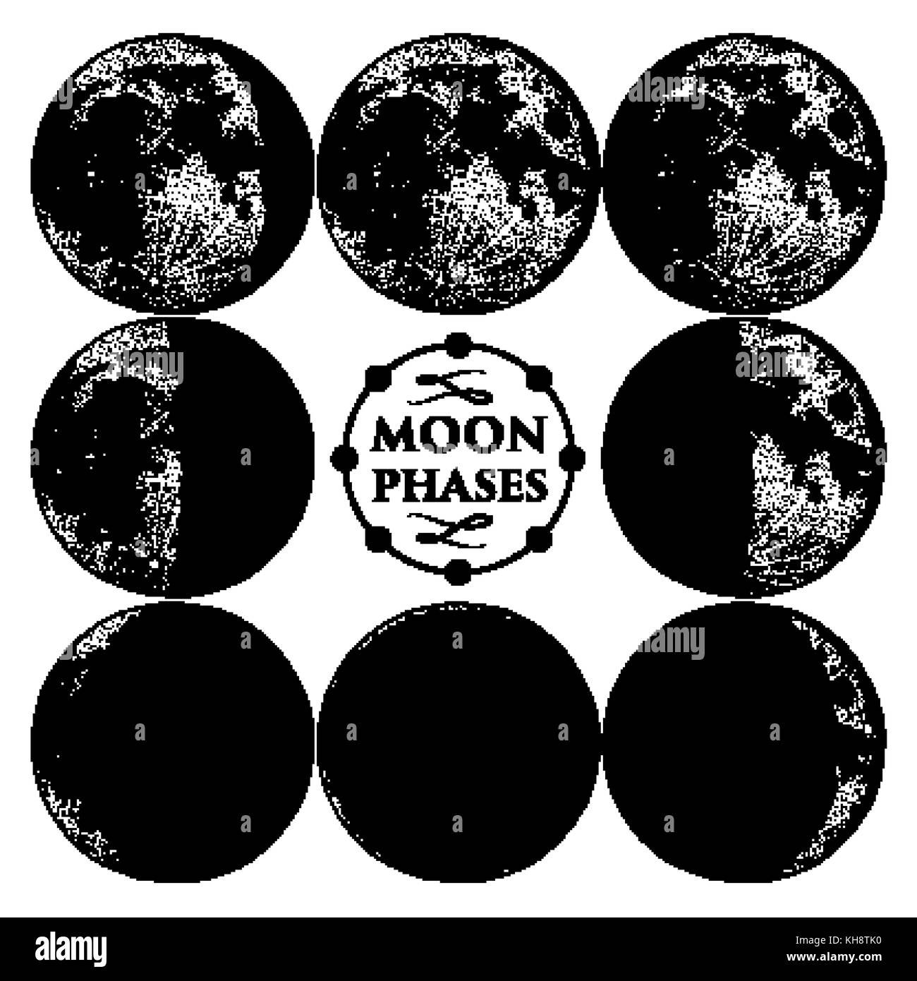 Fasi lunari pianeti nel sistema solare astrologia o astronomico galaxy spazio. orbit o cerchio. incisi disegnati a mano nel vecchio sketch, in stile vintage per etichetta. Illustrazione Vettoriale
