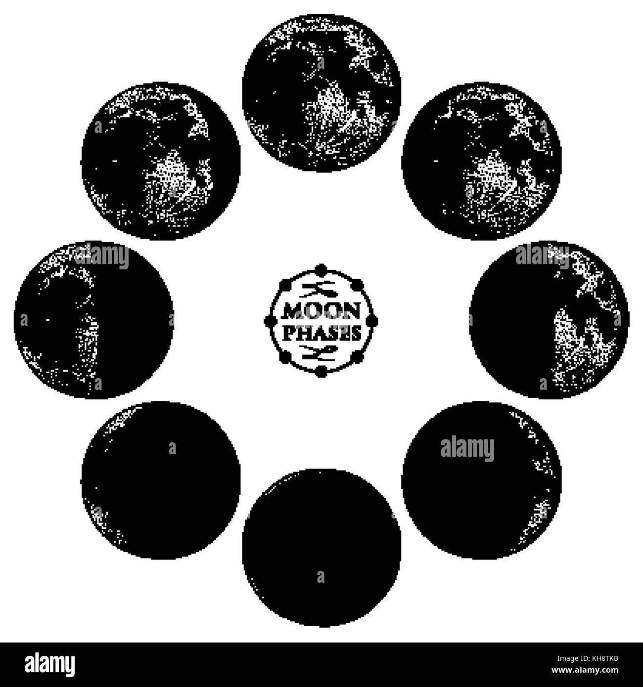 Fasi lunari pianeti nel sistema solare astrologia o astronomico galaxy spazio. orbit o cerchio. incisi disegnati a mano nel vecchio sketch, in stile vintage per etichetta. Illustrazione Vettoriale