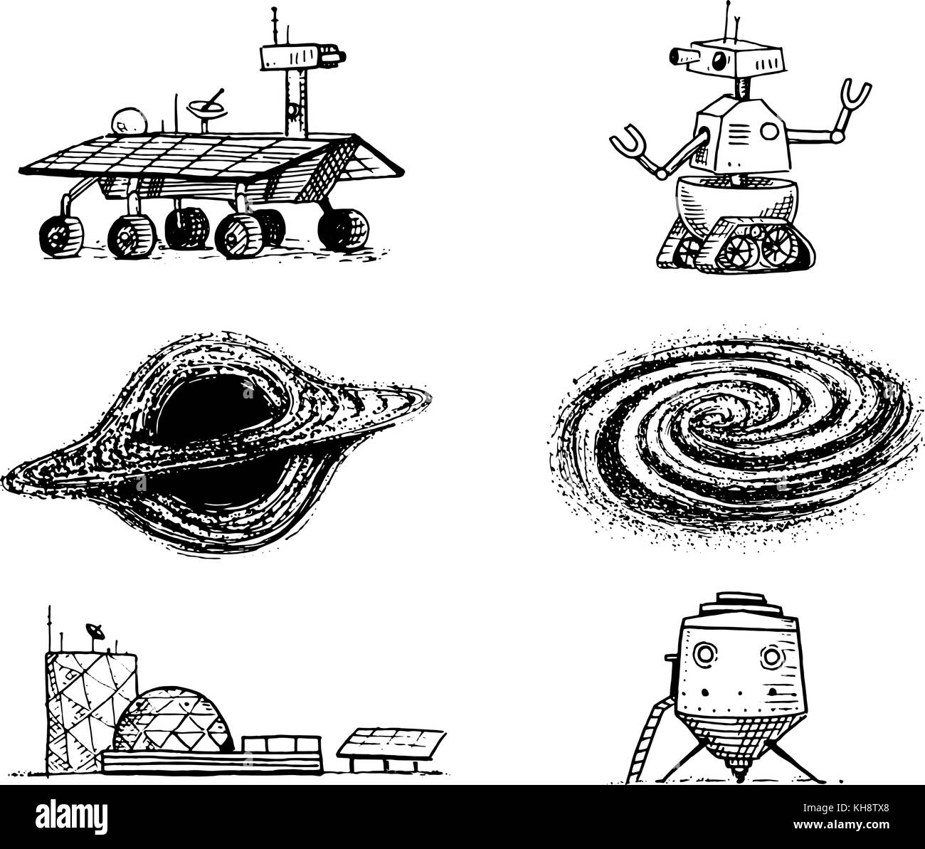 Lo space shuttle, il buco nero e Galaxy, robot e Mars Rover lunari, moonwalker e colonia, astronauta esplorazione. incisi disegnati a mano nel vecchio sketch, in stile vintage per etichetta. battenti nave, lancio del razzo. Illustrazione Vettoriale