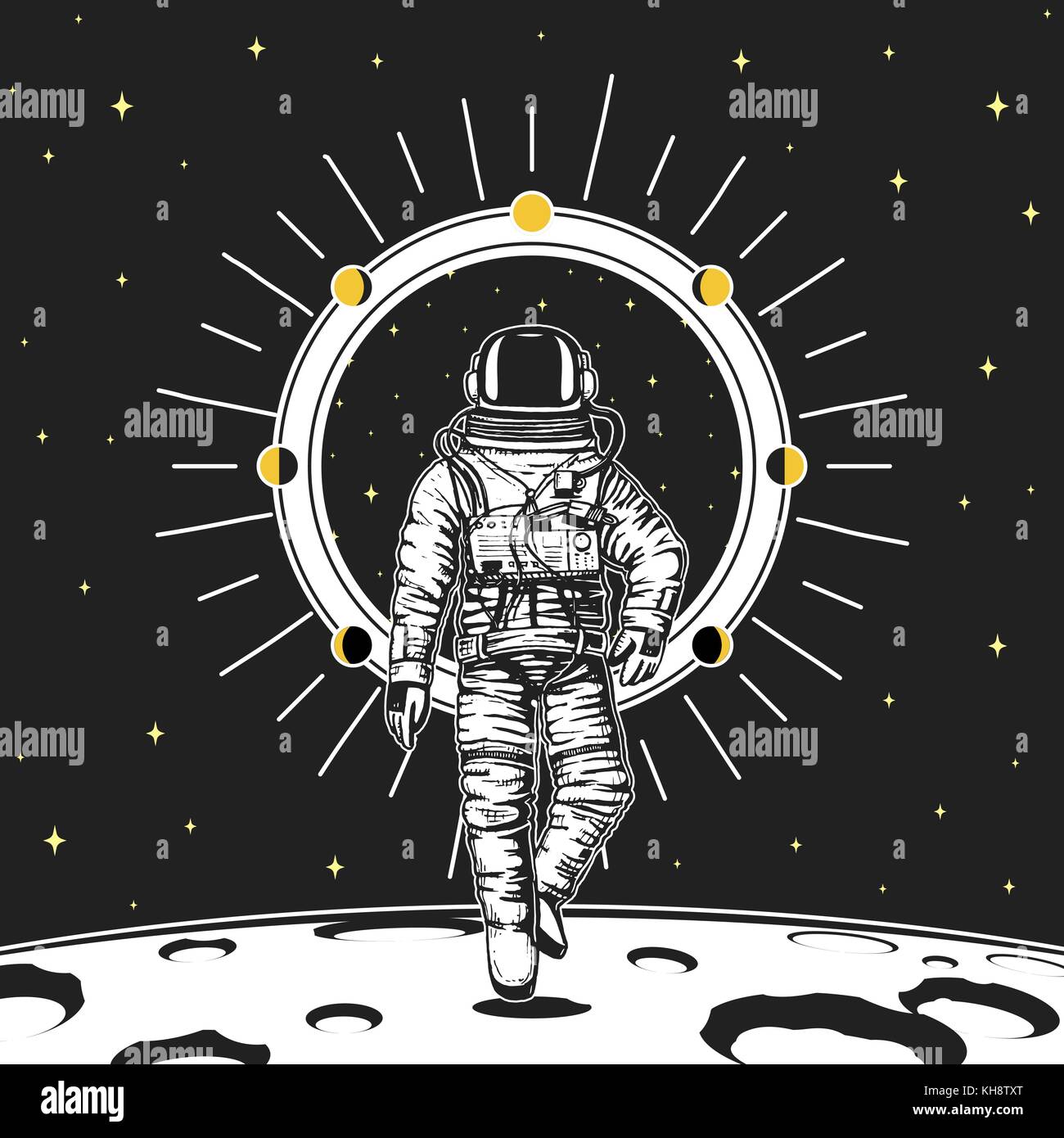 Astronauta astronauta. Fasi lunari pianeti nel sistema solare astronomico spazio galaxy. cosmonauta esplorare avventura. incisi disegnati a mano nel vecchio sketch, in stile vintage per etichetta o t-shirt. Illustrazione Vettoriale