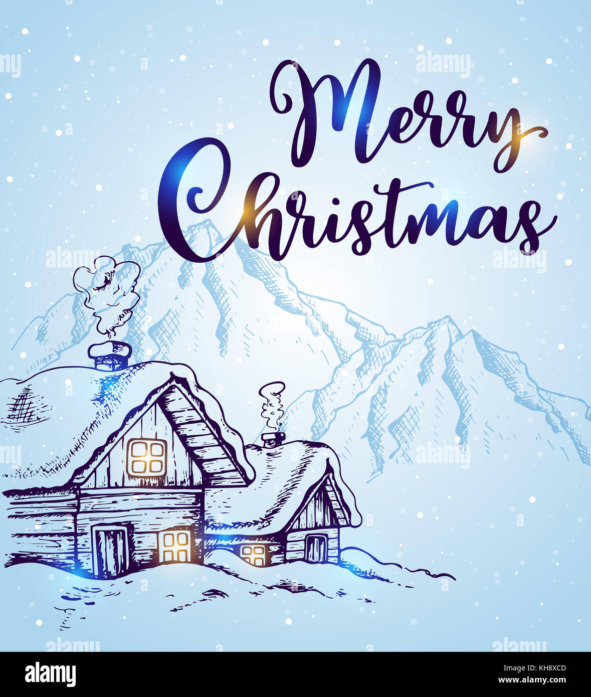 Paesaggio invernale con le case e le montagne della neve su uno sfondo blu. disegnati a mano il natale bigliettino. Buon Natale scritte Foto Stock