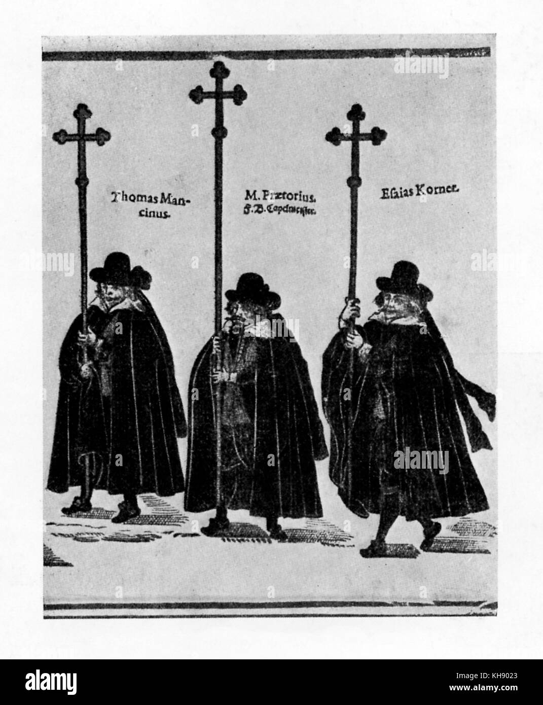 Michael Praetorius,ai funerali del Duca di Wolfen. In piedi tra Thomas Mancinus e Isaia Korner. Compositore tedesco, organista e scrittore (1571- 1621). Foto Stock