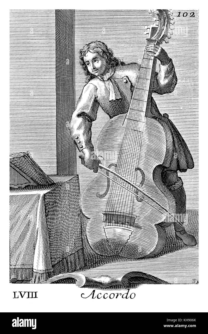L'uomo gioca il Lirone - strumento basso modellato su cinquecento lira da braccio. Illustrazione da Filippo Bonanni 'Gabinetto Armonico" pubblicato nel 1723, l'Illustrazione 58. Incisione di Arnold van Westerhout. La didascalia recita Accordo. Foto Stock