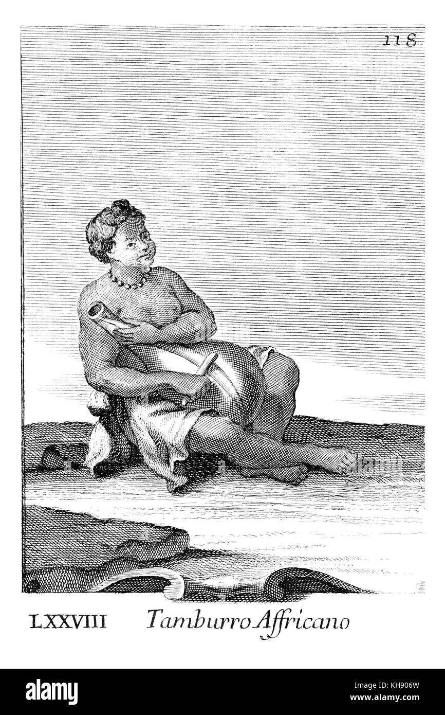 Gourd tamburo - fatta di scooped-out del legno e picchiato con un bastone. Illustrazione da Filippo Bonanni 'Gabinetto Armonico" pubblicato nel 1723, l'Illustrazione 78. Incisione di Arnold van Westerhout. La didascalia recita Tamburro Affricano Foto Stock