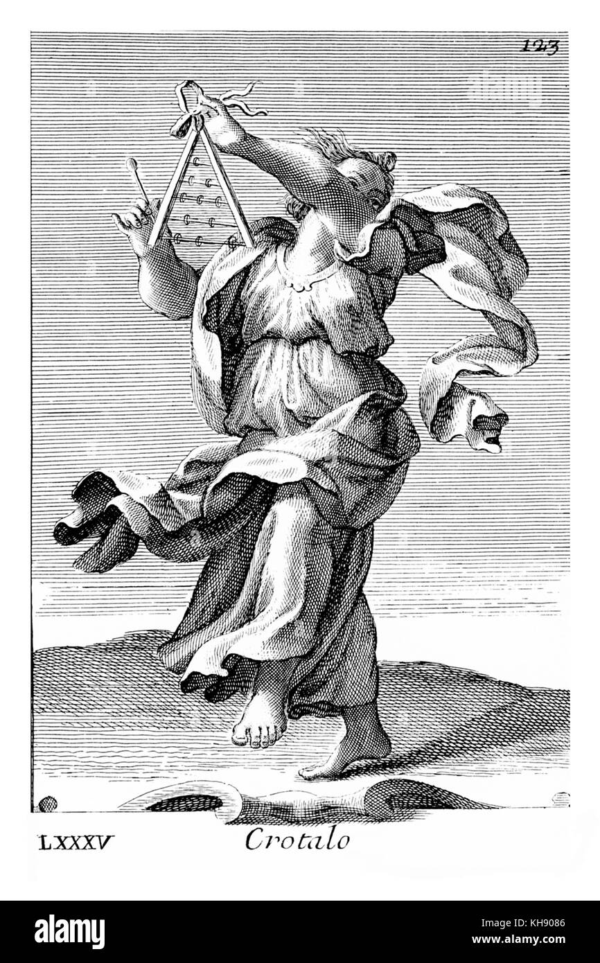 Crotalo - inizi del triangolo (c. Xv secolo). Illustrazione da Filippo Bonanni 'Gabinetto Armonico" pubblicato nel 1723, l'Illustrazione 85. Didascalia: 'S"Bistro":". Incisione di Arnold van Westerhout. Foto Stock