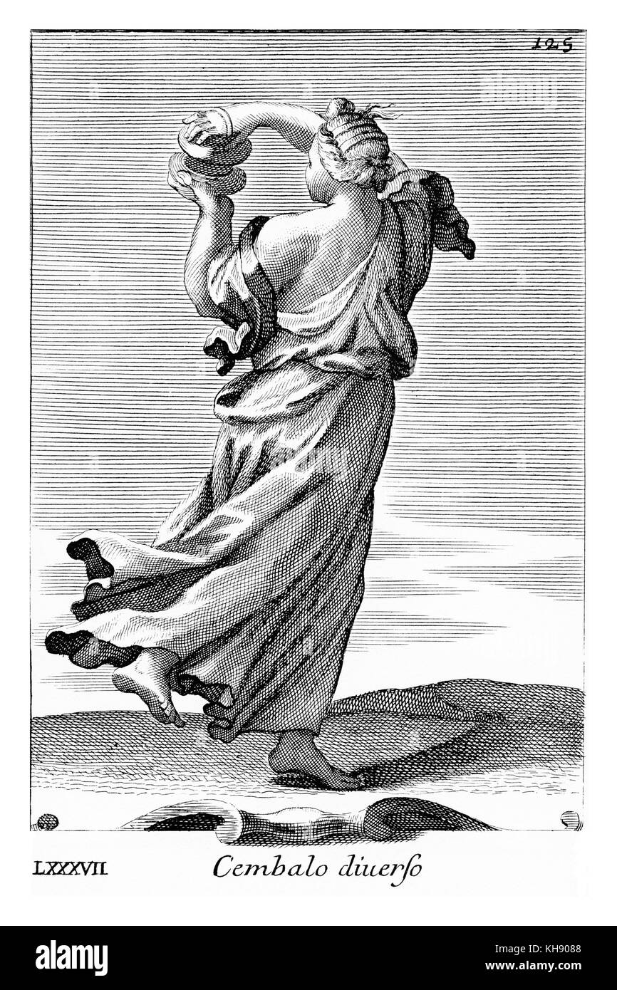 Cembalo diuerso - piccoli cembali. Giocato da cymbalistriae, donne ballerini durante le feste di Bacco (Grecia antica). Illustrazione da Filippo Bonanni 'Gabinetto Armonico" pubblicato nel 1723, l'Illustrazione 87. Incisione di Arnold van Westerhout. Foto Stock