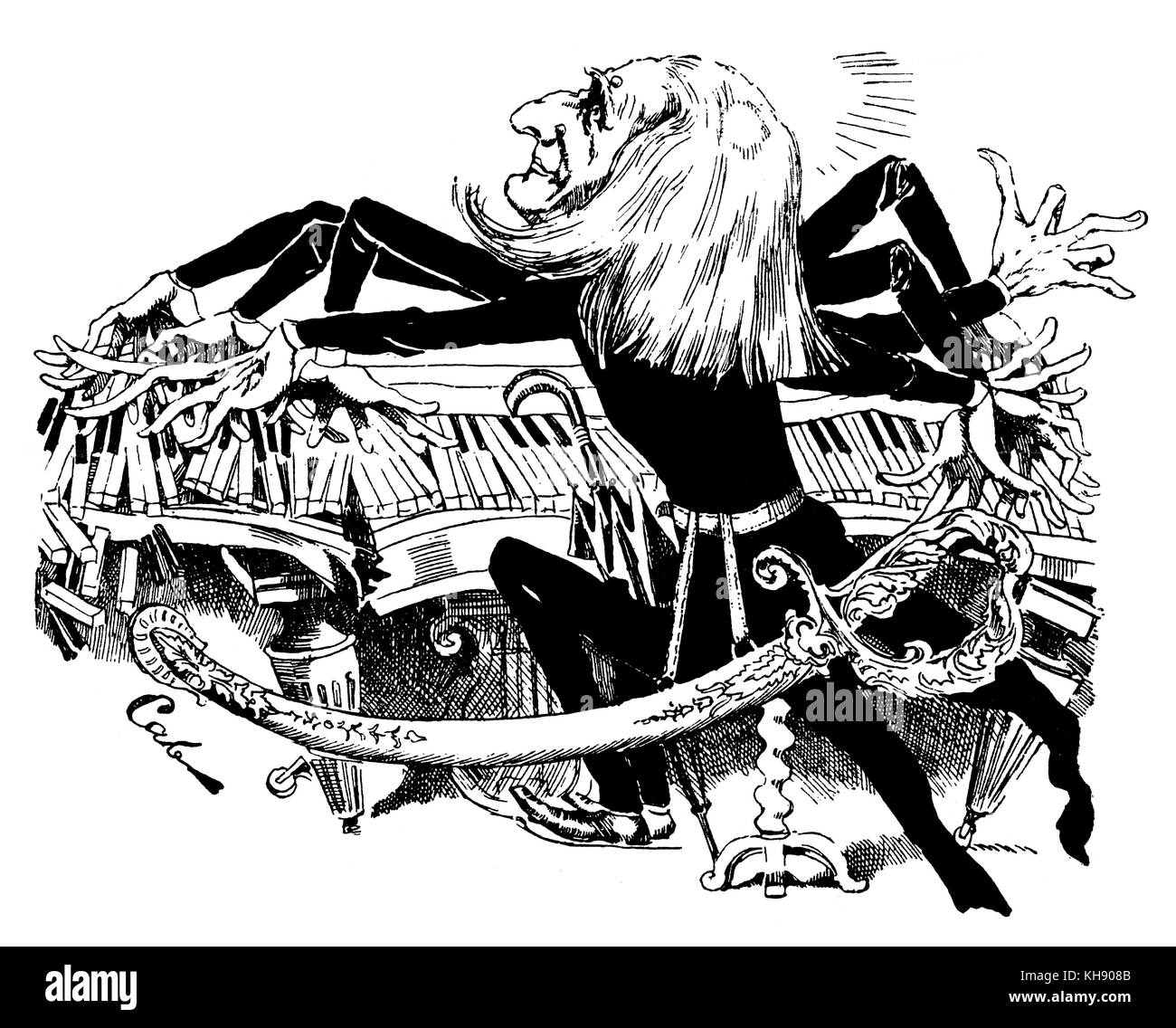 Franz Liszt come virtuoso al pianoforte - caricatura da La Vie Parisienne Pubblicato 3 aprile 1886 Ungherese pianista e compositore, 22 Ottobre 1811 - 31 luglio 1886. Foto Stock