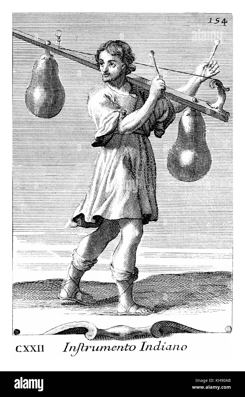 Instrumento Indiano - vina/ veena, singola stringa strumento suonato con fruste. Illustrazione da Filippo Bonanni 'Gabinetto Armonico" pubblicato nel 1723, l'Illustrazione 122. Foto Stock