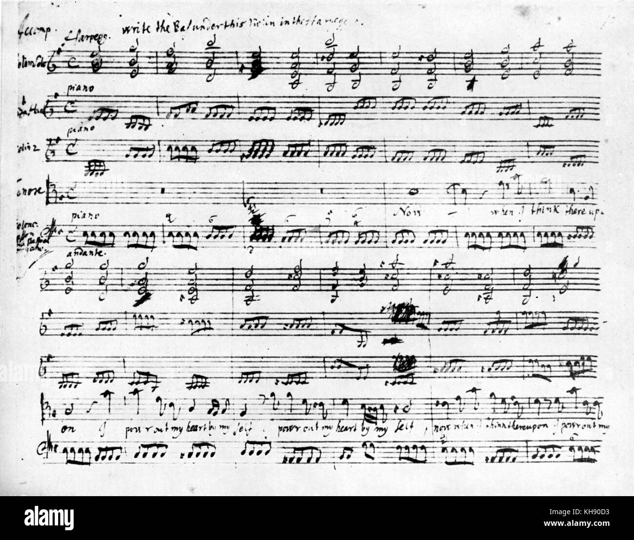 "Ora, quando penso che esso" di Handel - Punteggio del tenore di aria. Da Chandos anthem 'come pantaloni Hart'. Scritta a mano. Composta da Handel per James Brydges, primo duca di Chandos ((1673-1744). Compositore tedesco-inglese, 23 Febbraio 1685 - 14 Aprile 1759 Foto Stock