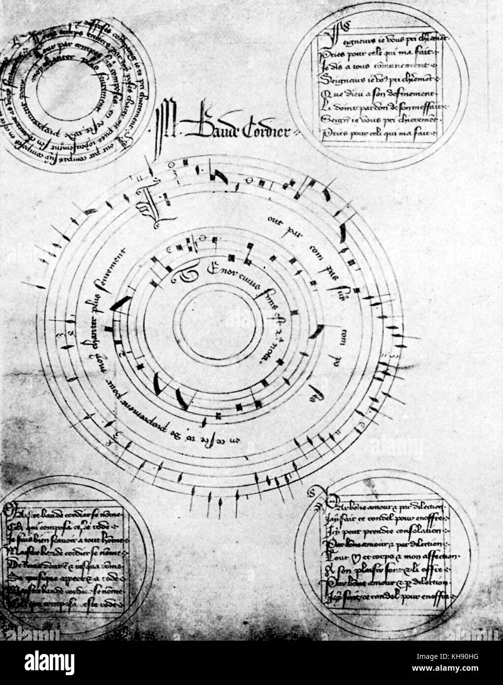 Baude Cordier 's puzzle-canon cliente. Esempio di notazione mensural del XV secolo. BC - uno dei primi scrittori dell arte francese-song (rondeau) Il compositore francese 1380 -1440. Foto Stock