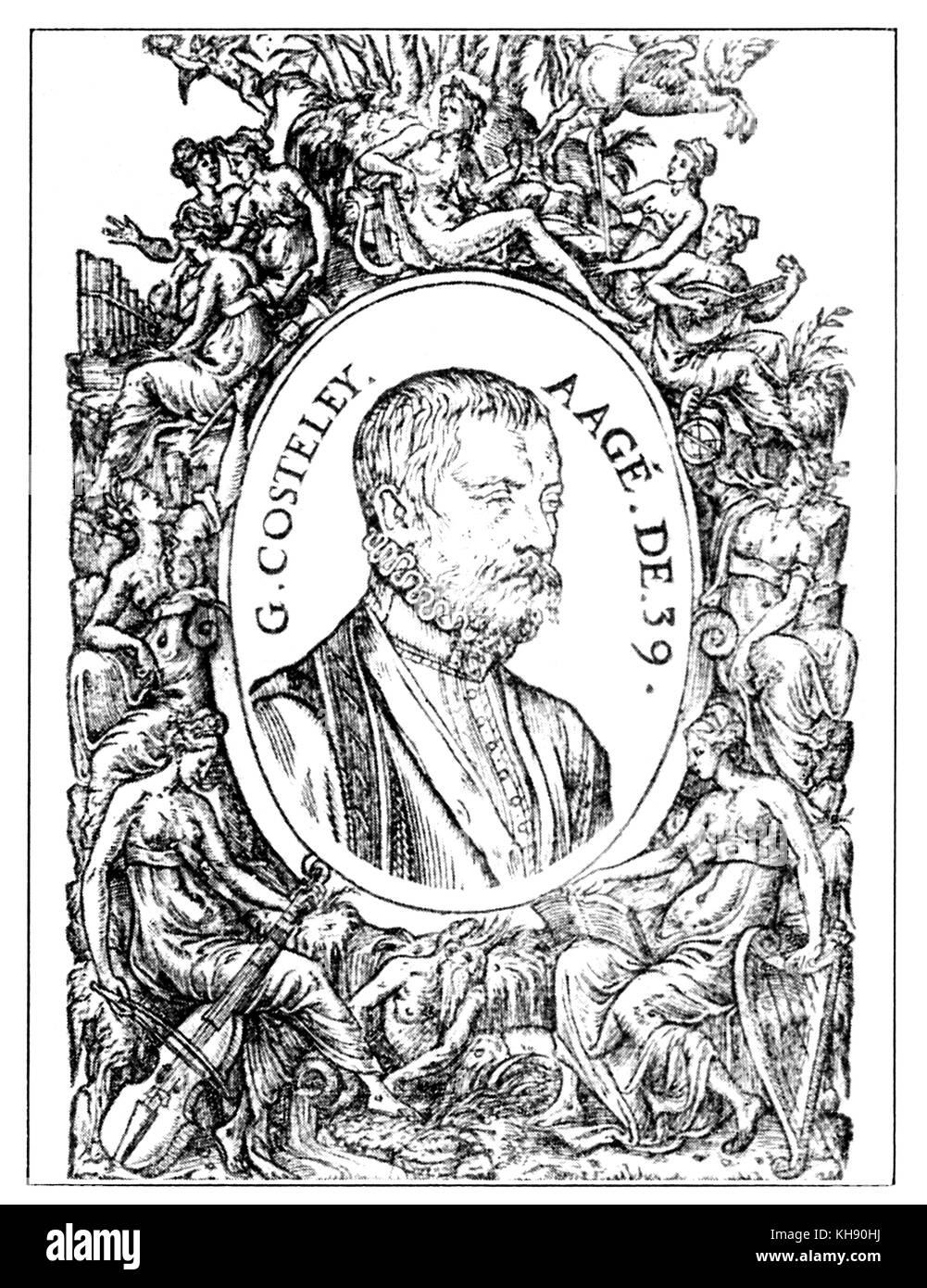 Guillaume Costeley , corte organista di Carlo IV di Francia. Incisione da 'Musique de Guillaume Costeley", Parigi, 1570. Il compositore francese 1531-1606. Foto Stock